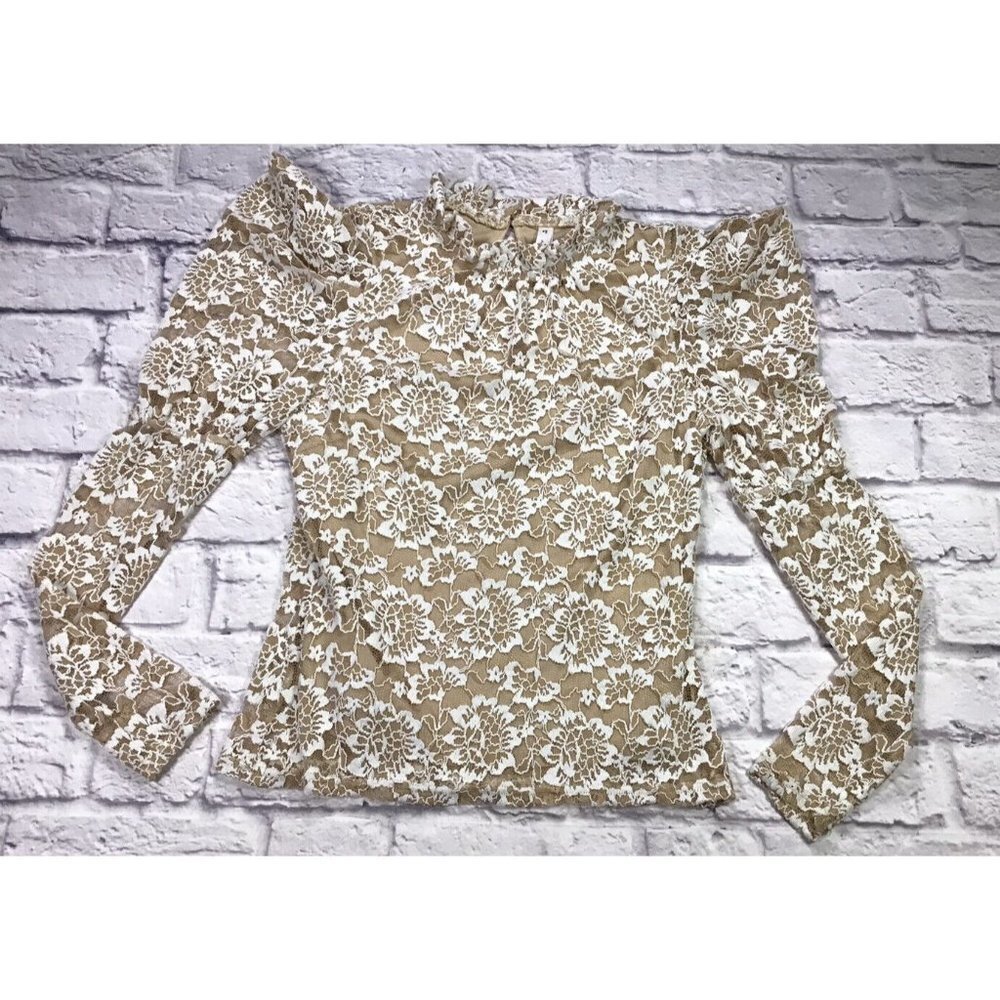 ACOS&A Womens Size XS Tan and White Lace Long Sleeve Blouse Keyhole Back